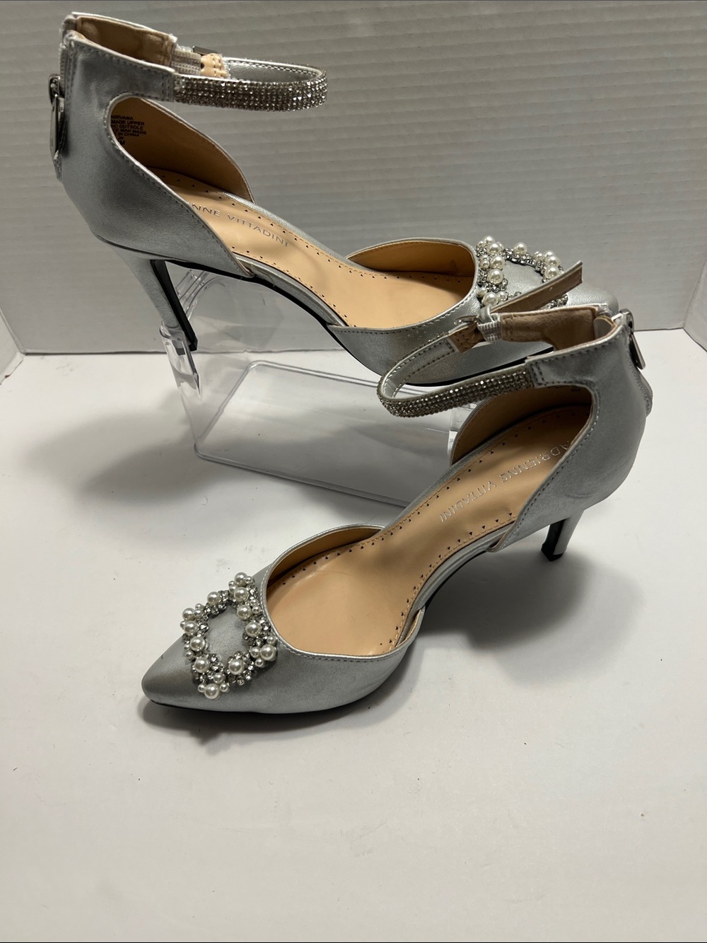 Adrienne Vittadini Silver Pearl & Crystal Ankle-Strap Pumps